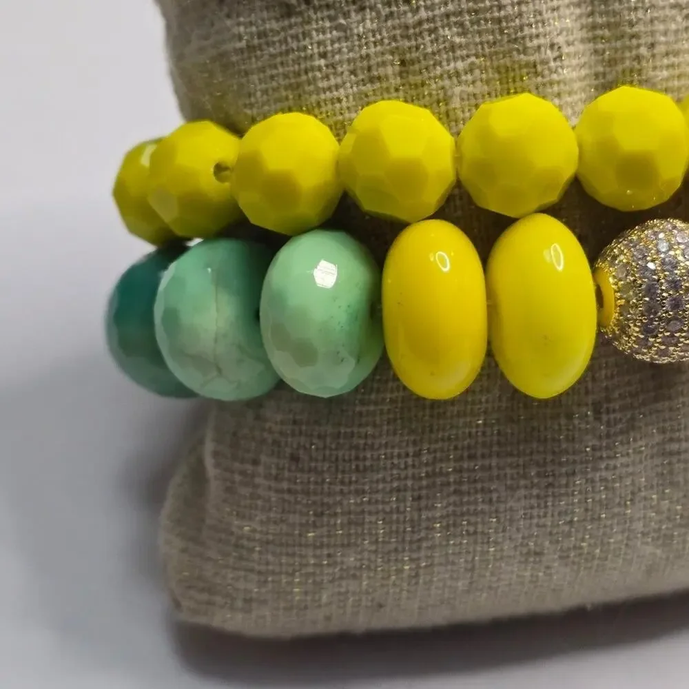 Treska Yellow and Green Faceted Beaded Stretch Bracelet Set New